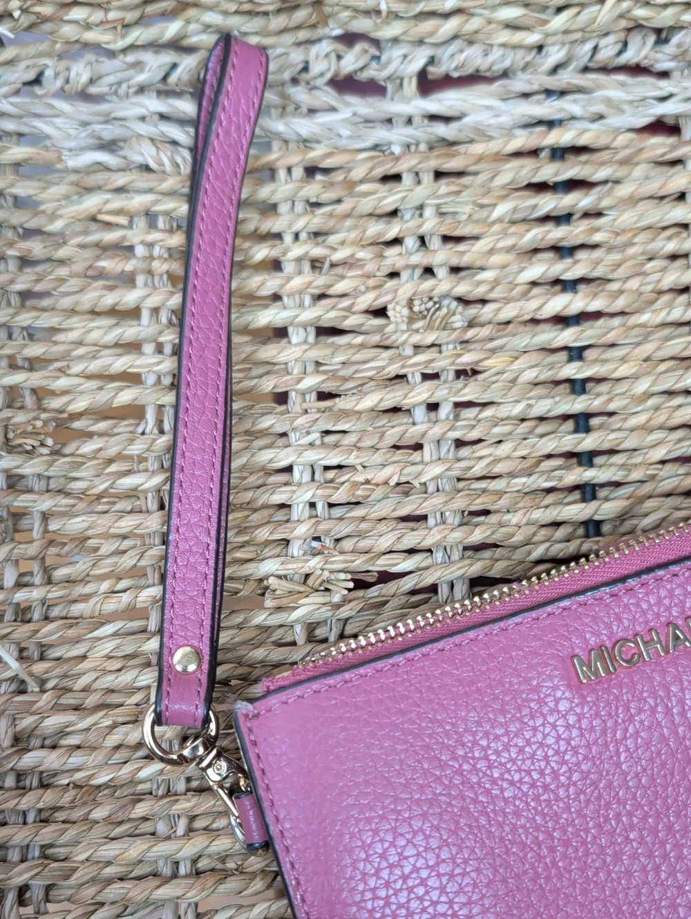 Michael Kors Pink Pebbled Leather Wristlet with Gold Logo